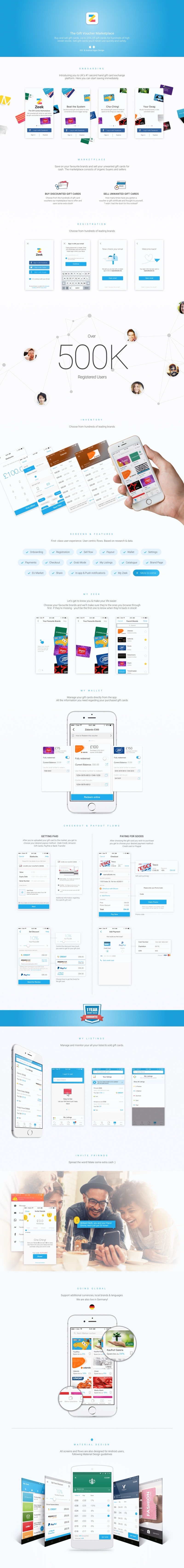 Zeek mobile app case study — onboarding, marketplace, registration, wallet, checkout, payouts, listings, and Material Design Android screens.